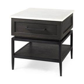 Divina Black-Brown Wood w/ White Marble Top and Black Metal Base 1 Drawer Side Table by Mercana at Eve Furniture