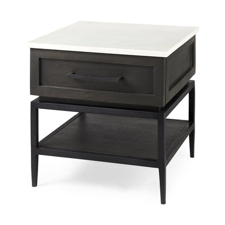 Divina Black-Brown Wood w/ White Marble Top and Black Metal Base 1 Drawer Side Table by Mercana at Eve Furniture