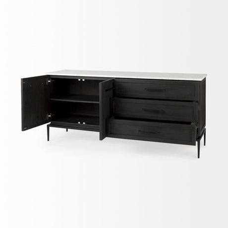Divina Black-Brown Wood w/ White Marble Top and Black Metal Base Sideboard by Mercana at Eve Furniture