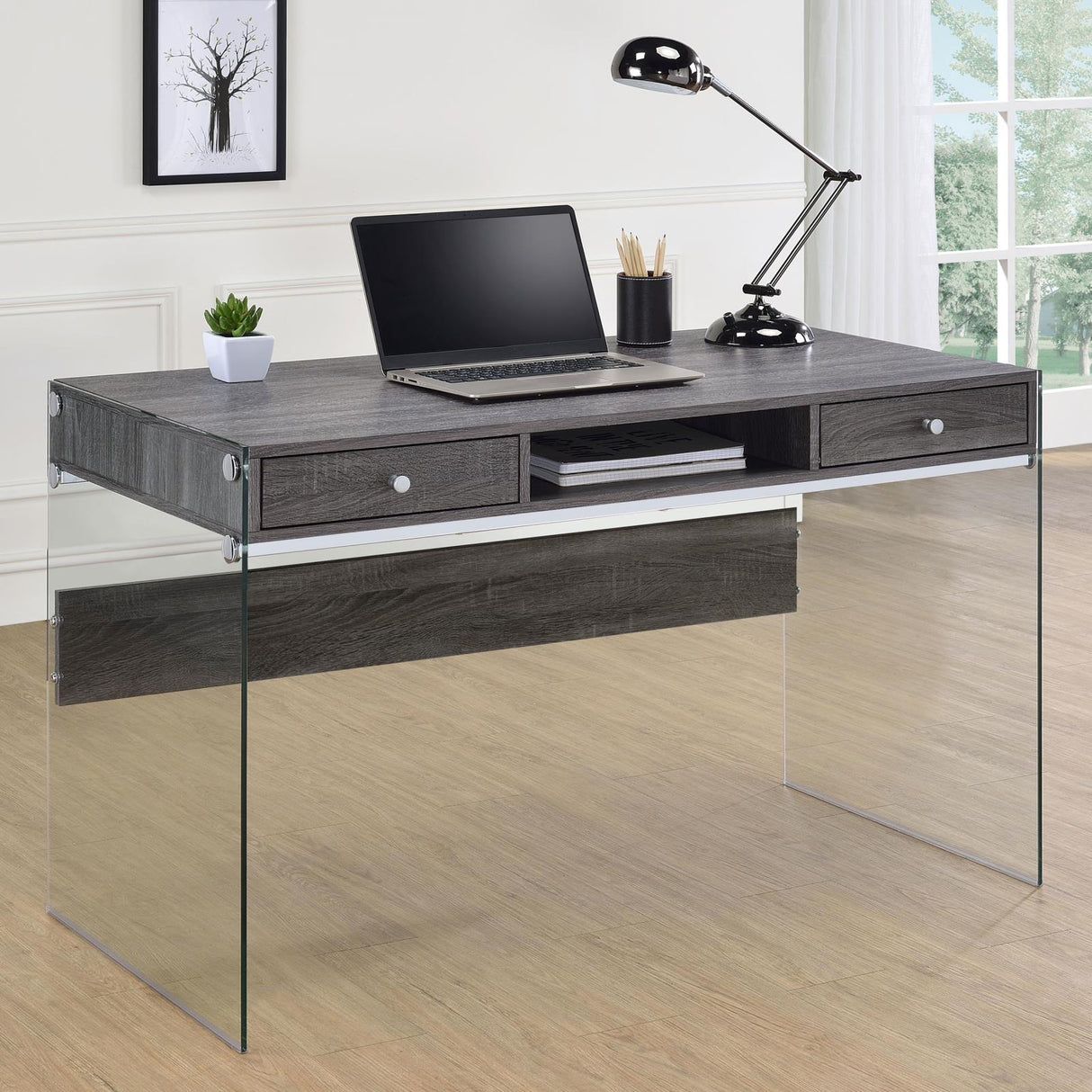 Dobrev Weathered Gray/Clear 2-Drawer Writing Desk