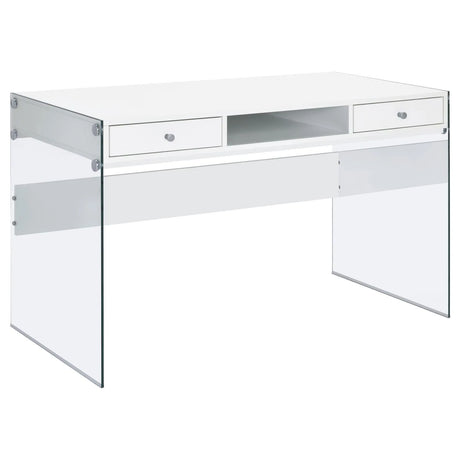 Dobrev Glossy White/Clear 2-Drawer Writing Desk by Coaster at Eve Furniture