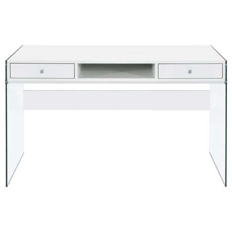 Dobrev Glossy White/Clear 2-Drawer Writing Desk by Coaster at Eve Furniture