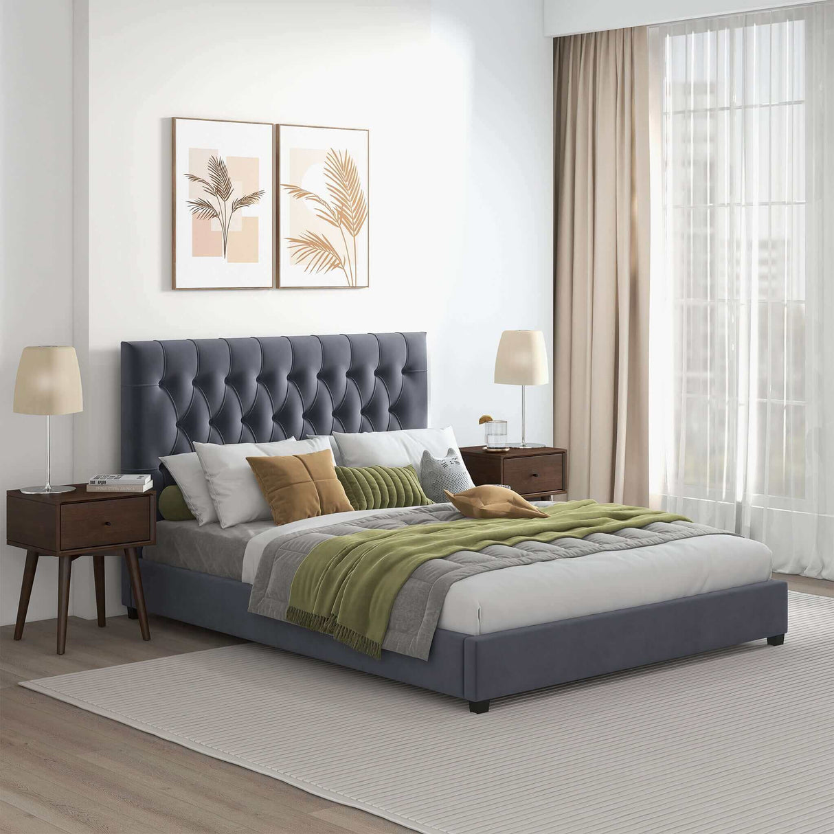 Donald Mid Century Modern Grey Velvet Platform Bed Queen by Ashcroft Furniture at Eve Furniture