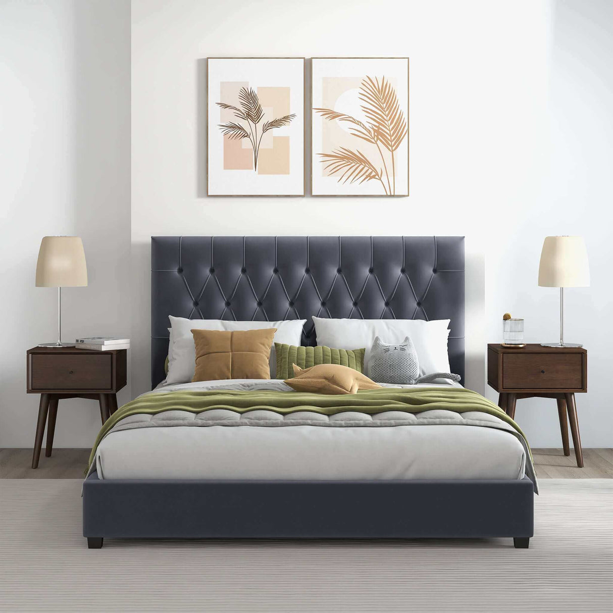 Donald Mid Century Modern Grey Velvet Platform Bed Queen by Ashcroft Furniture at Eve Furniture