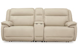 Double Deal Almond 2-Piece Power Reclining Loveseat Sectional with Console by Ashley at Eve Furniture