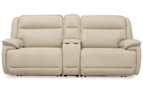 Double Deal Almond 2-Piece Power Reclining Loveseat Sectional with Console by Ashley at Eve Furniture