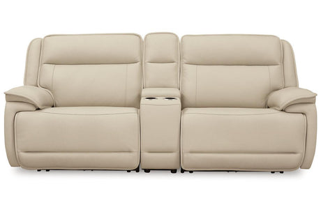 Double Deal Almond 2-Piece Power Reclining Loveseat Sectional with Console by Ashley at Eve Furniture