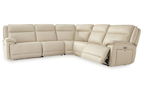 Double Deal Almond 5-Piece Dual Power Leather Reclining Modular Sectional by Ashley at Eve Furniture