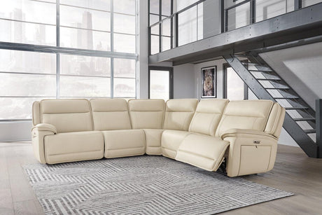 Double Deal Almond 5-Piece Dual Power Leather Reclining Modular Sectional by Ashley at Eve Furniture
