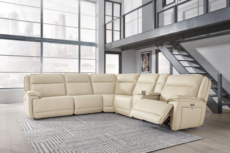 Double Deal Almond 6-Piece Dual Power Leather Reclining Modular Sectional by Ashley at Eve Furniture