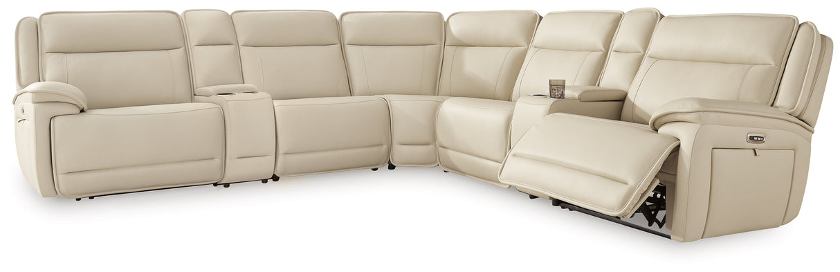 Double Deal Almond 7-Piece Power Reclining Sectional with Consoles by Ashley at Eve Furniture