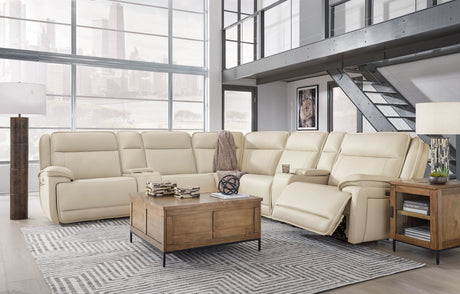 Double Deal Almond 7-Piece Power Reclining Sectional with Consoles by Ashley at Eve Furniture