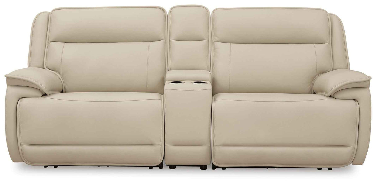 Double Deal Almond Power Reclining Sofa & Loveseat with Console by Ashley at Eve Furniture