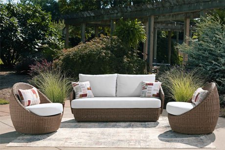 Double Point Beige Outdoor Loveseat with 2 Swivel Chairs (Set of 3) by Ashley at Eve Furniture