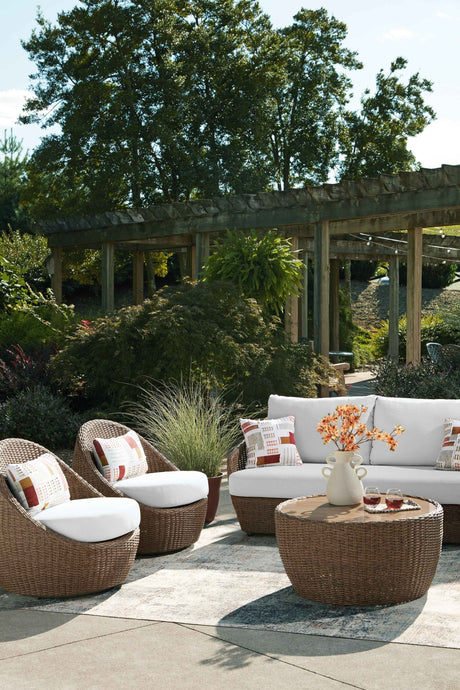Double Point Beige Outdoor Seating Set by Ashley at Eve Furniture