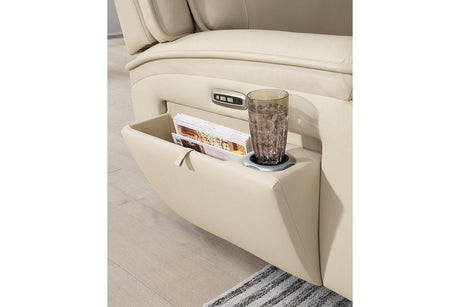 Double Deal Almond 2-Piece Power Reclining Loveseat Sectional with Console by Ashley at Eve Furniture