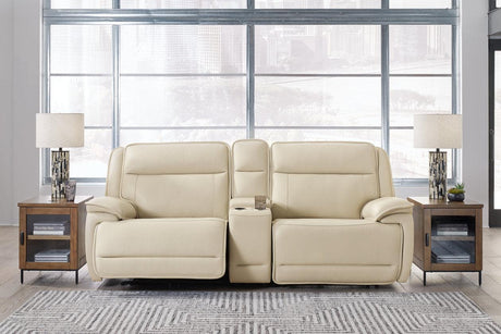Double Deal Almond 2-Piece Power Reclining Loveseat Sectional with Console by Ashley at Eve Furniture