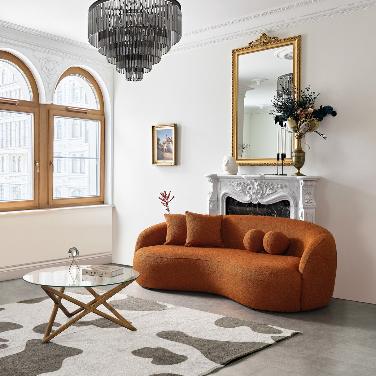 Drake Burnt Orange Japandi Style Curvy Boucle Sofa by Ashcroft Furniture at Eve Furniture