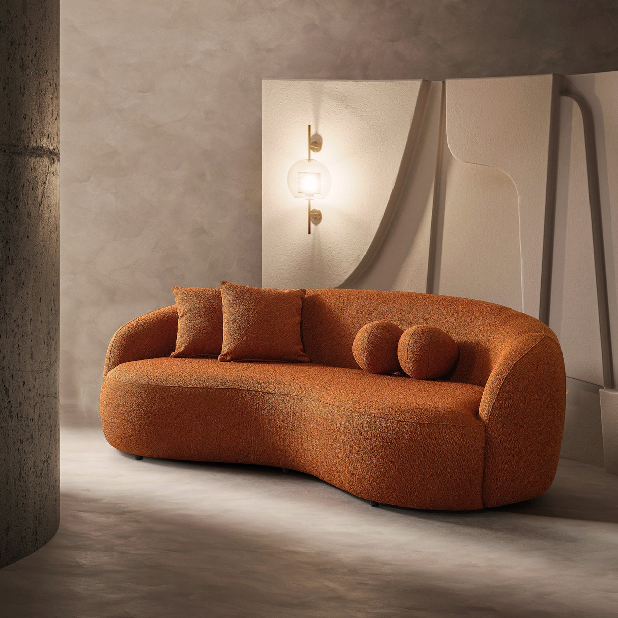 Drake Burnt Orange Japandi Style Curvy Boucle Sofa by Ashcroft Furniture at Eve Furniture