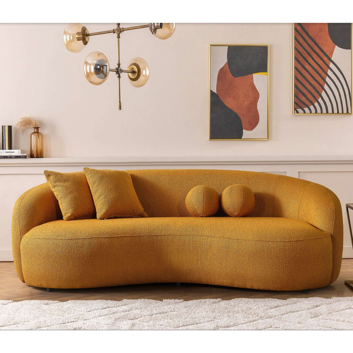 Drake Japandi Style Curvy Boucle Sofa Dark Yellow