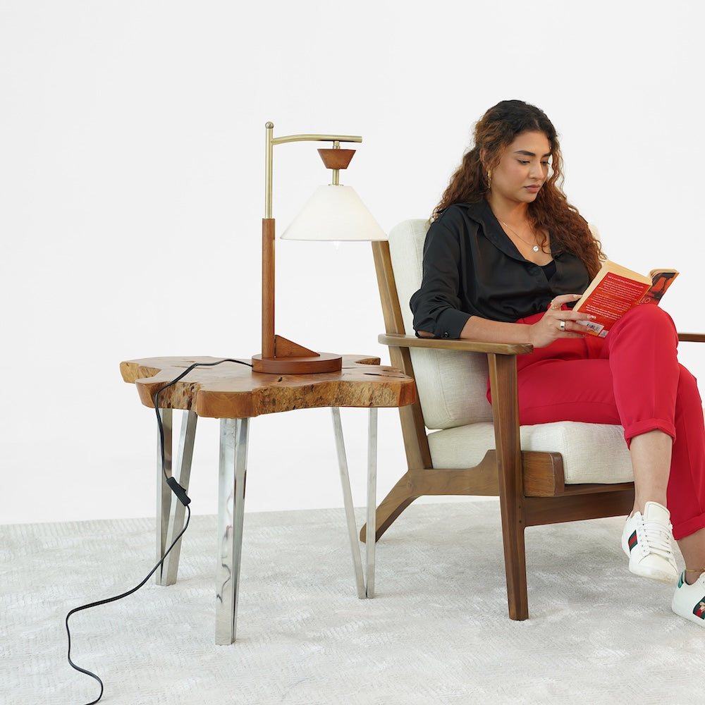 Dreamlight Table Lamp, Brown Solid Wood Base with Elegant Cone Linen Shade by Ashcroft Furniture at Eve Furniture