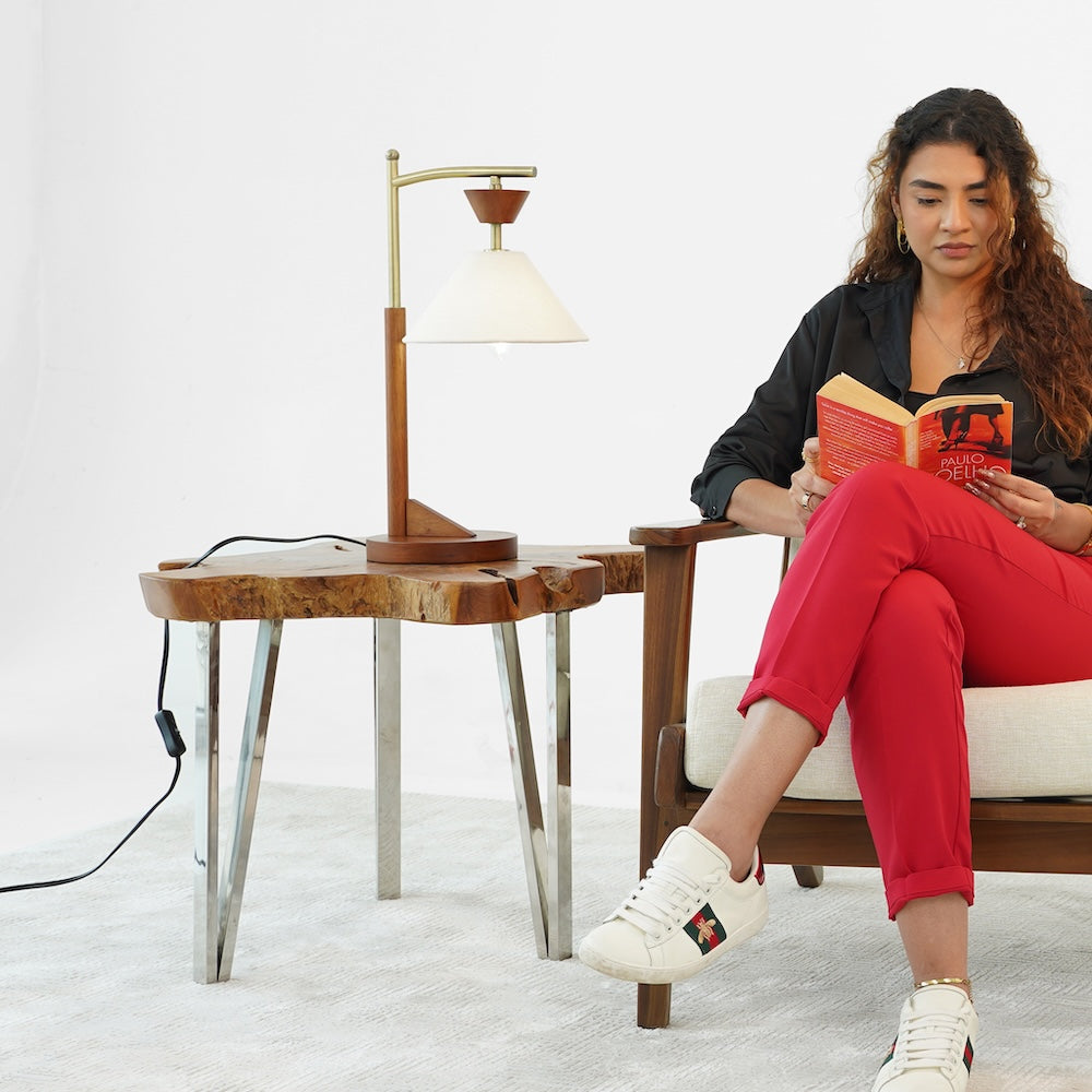 Dreamlight Table Lamp, Brown Solid Wood Base with Elegant Cone Linen Shade by Ashcroft Furniture at Eve Furniture