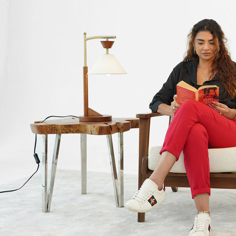 Dreamlight Table Lamp, Brown Solid Wood Base with Elegant Cone Linen Shade by Ashcroft Furniture at Eve Furniture