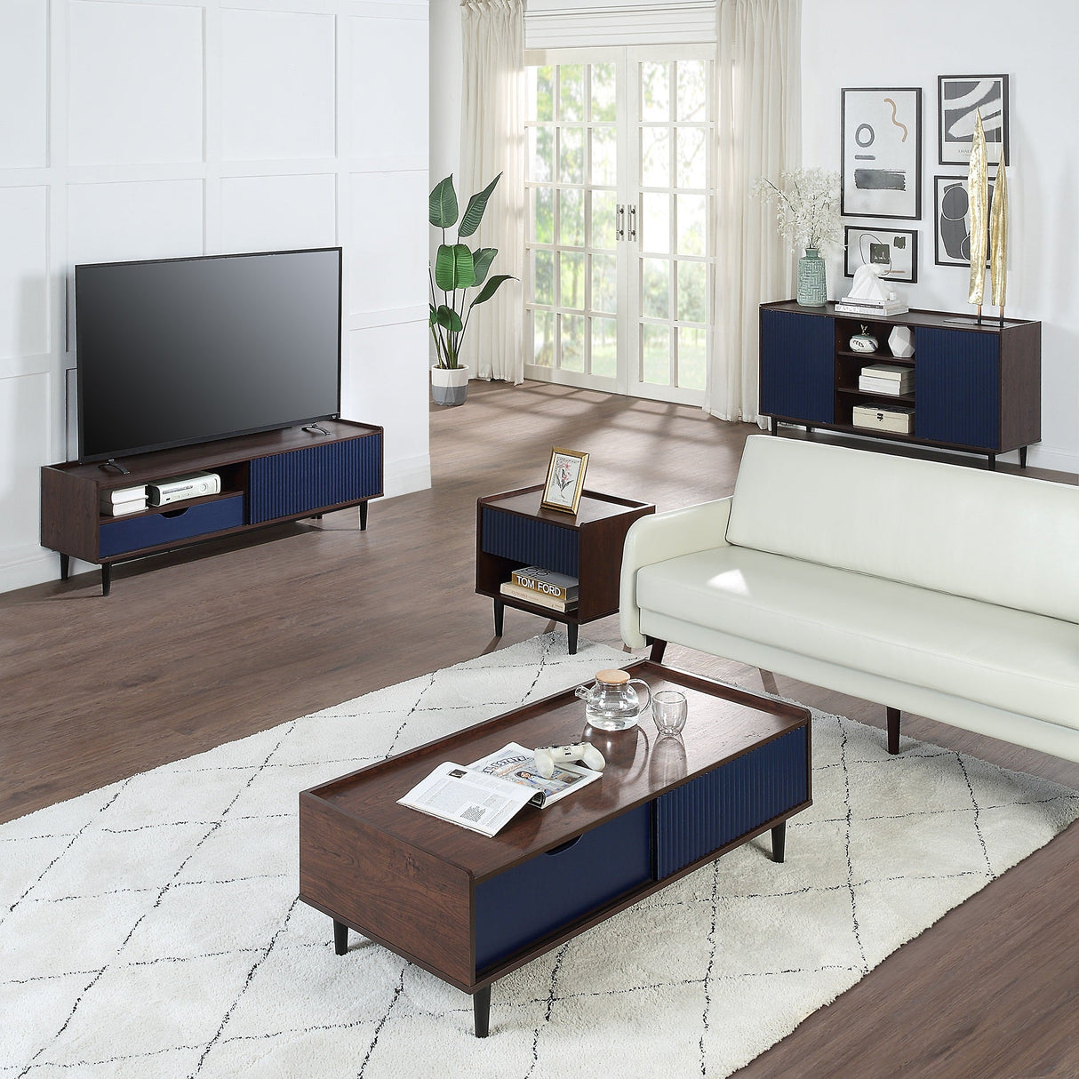 Duane 4 Piece Living Room Set in Dark Brown and Navy Blue by Manhattan Comfort at Eve Furniture