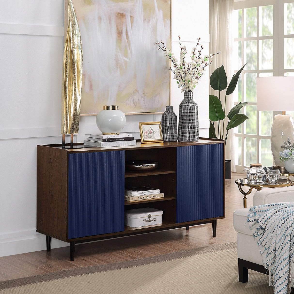 Duane 4 Piece Living Room Set in Dark Brown and Navy Blue by Manhattan Comfort at Eve Furniture