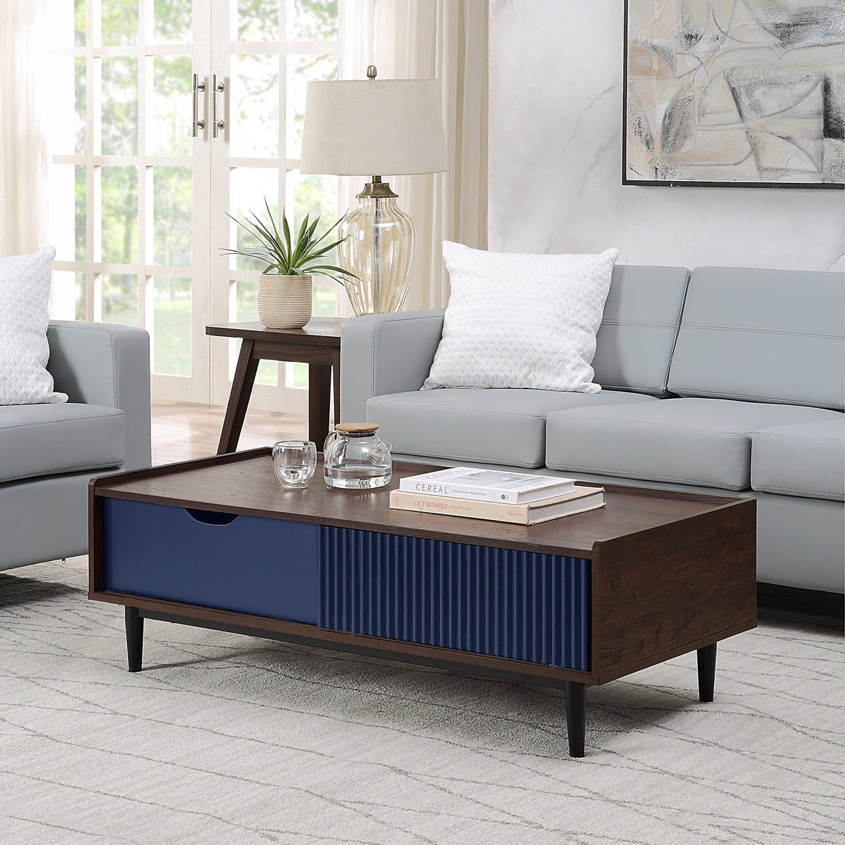 Duane 4 Piece Living Room Set in Dark Brown and Navy Blue by Manhattan Comfort at Eve Furniture