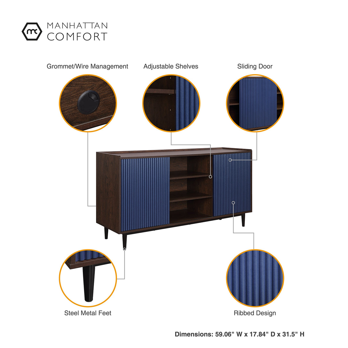 Duane 4 Piece Living Room Set in Dark Brown and Navy Blue by Manhattan Comfort at Eve Furniture