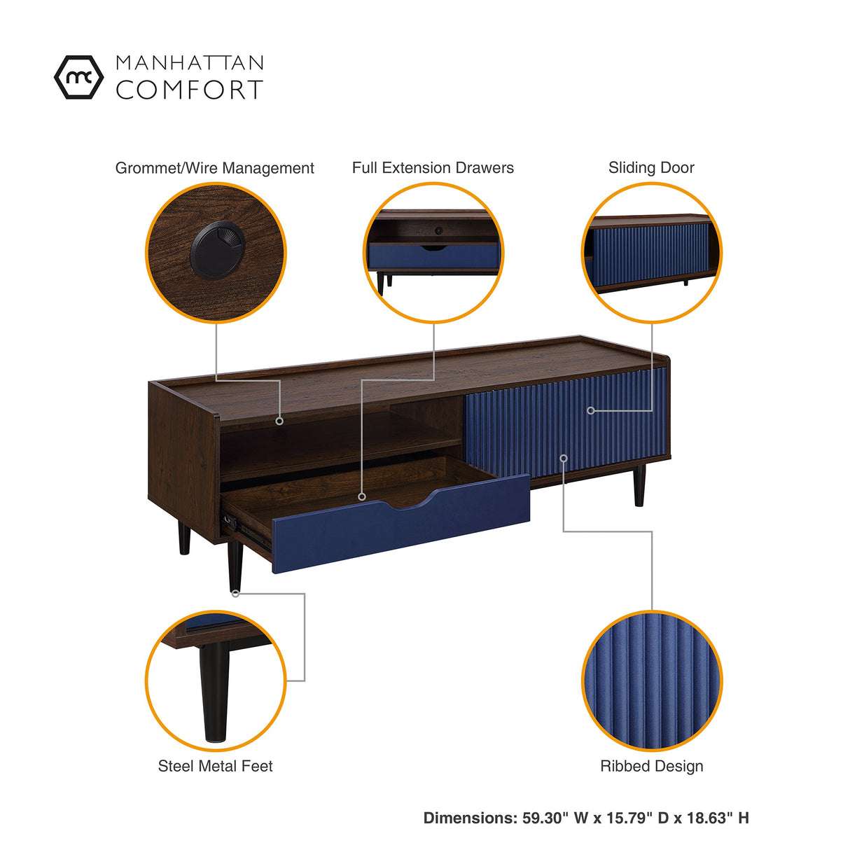 Duane 4 Piece Living Room Set in Dark Brown and Navy Blue by Manhattan Comfort at Eve Furniture