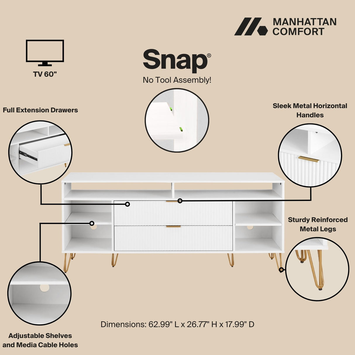 DUMBO 63" TV Stand in White by Manhattan Comfort at Eve Furniture