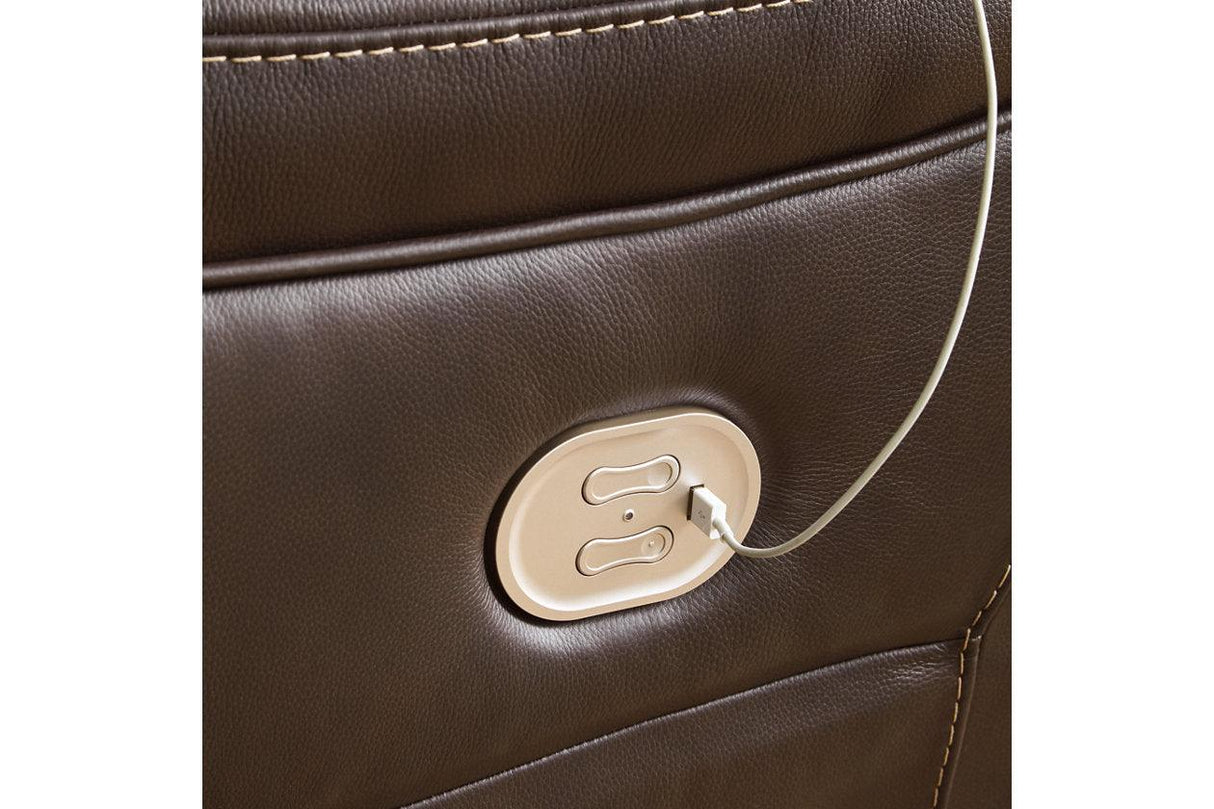 Dunleith Chocolate 4-Piece Dual Power Leather Reclining Sectional by Ashley at Eve Furniture