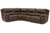 Dunleith Chocolate 4-Piece Dual Power Leather Reclining Sectional by Ashley at Eve Furniture