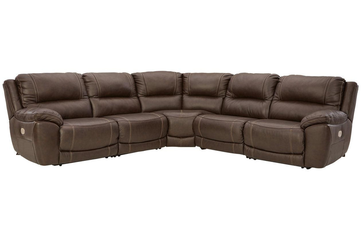 Dunleith Chocolate 5-Piece Dual Power Leather Modular Reclining Sectional by Ashley at Eve Furniture