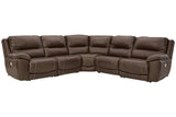 Dunleith Chocolate 5-Piece Dual Power Leather Modular Reclining Sectional by Ashley at Eve Furniture
