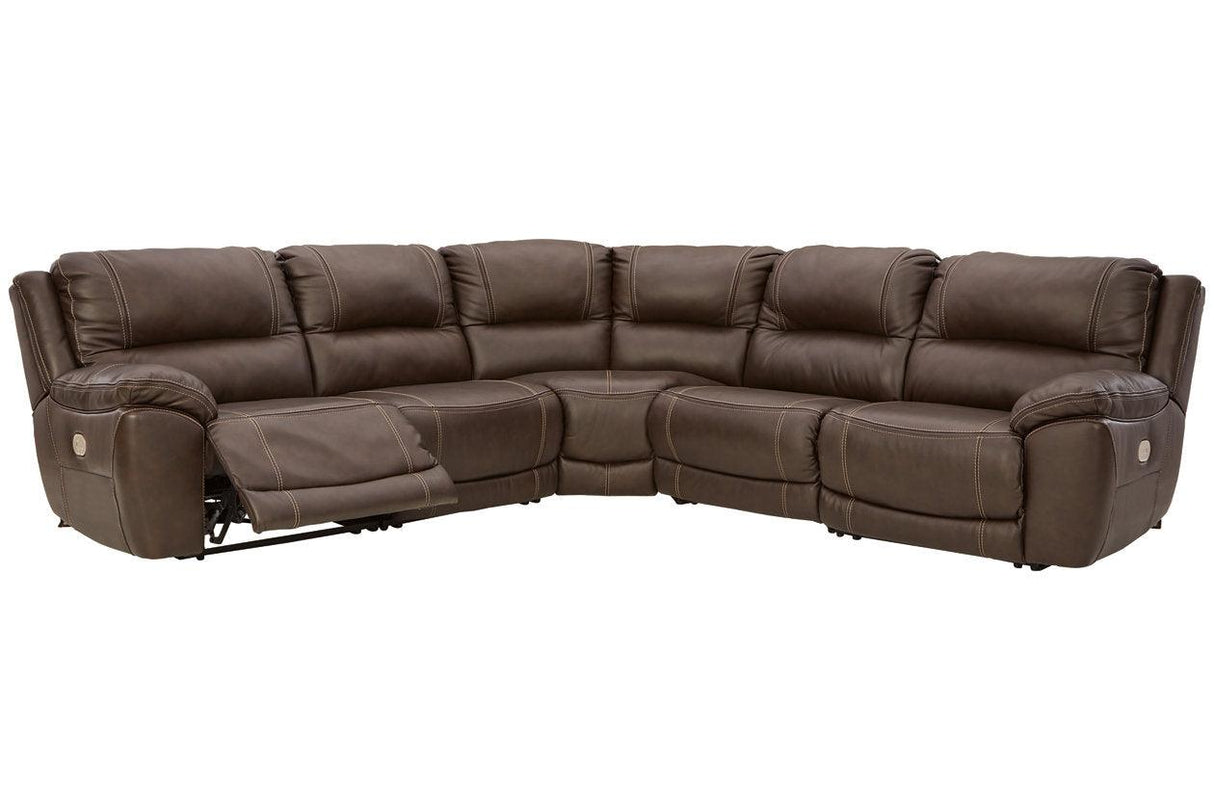 Dunleith Chocolate 5-Piece Dual Power Leather Modular Reclining Sectional by Ashley at Eve Furniture