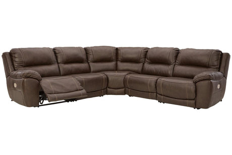 Dunleith Chocolate 5-Piece Dual Power Leather Modular Reclining Sectional by Ashley at Eve Furniture