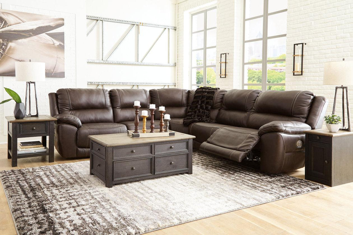 Dunleith Chocolate 5-Piece Dual Power Leather Modular Reclining Sectional by Ashley at Eve Furniture