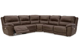 Dunleith Chocolate 5-Piece Leather Power Reclining Sectional by Ashley at Eve Furniture