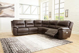 Dunleith Chocolate 5-Piece Leather Power Reclining Sectional by Ashley at Eve Furniture