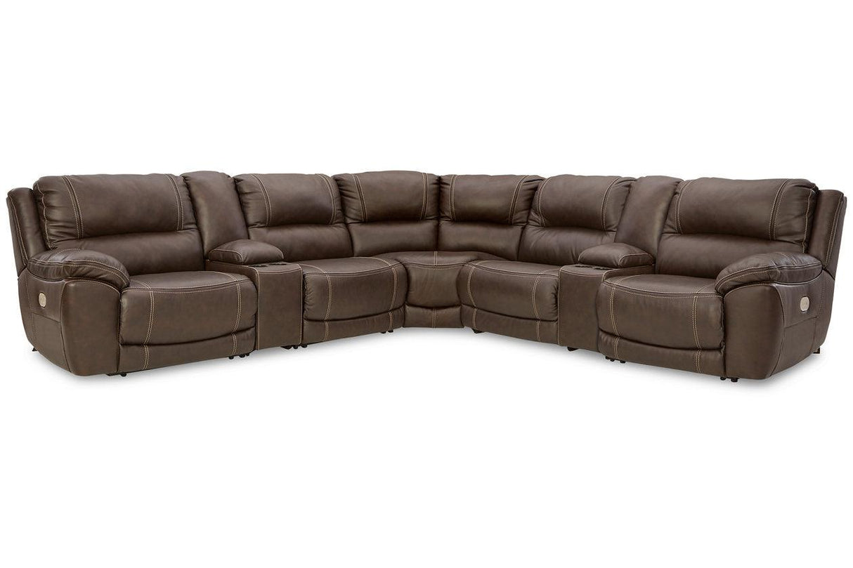 Dunleith Chocolate 7-Piece Dual Power Leather Reclining Modular Sectional by Ashley at Eve Furniture