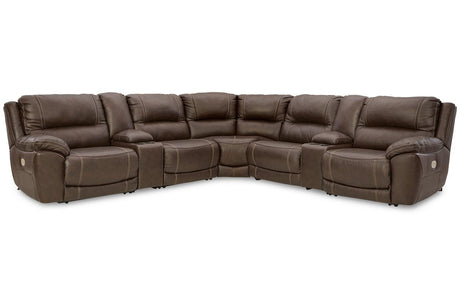 Dunleith Chocolate 7-Piece Dual Power Leather Reclining Modular Sectional by Ashley at Eve Furniture