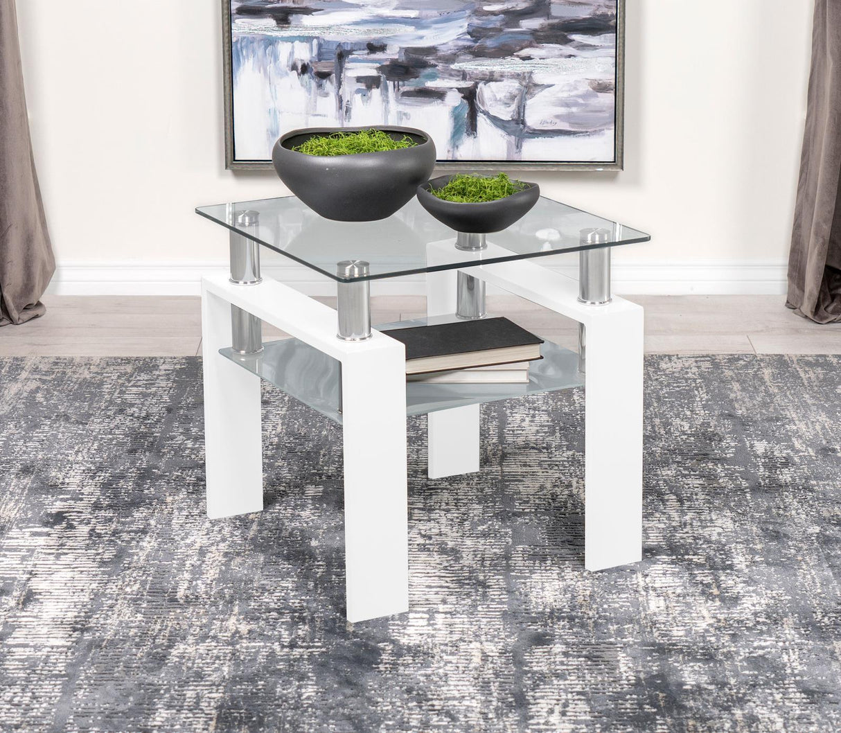 Dyer White Square Glass Top End Table With Shelf by Coaster at Eve Furniture