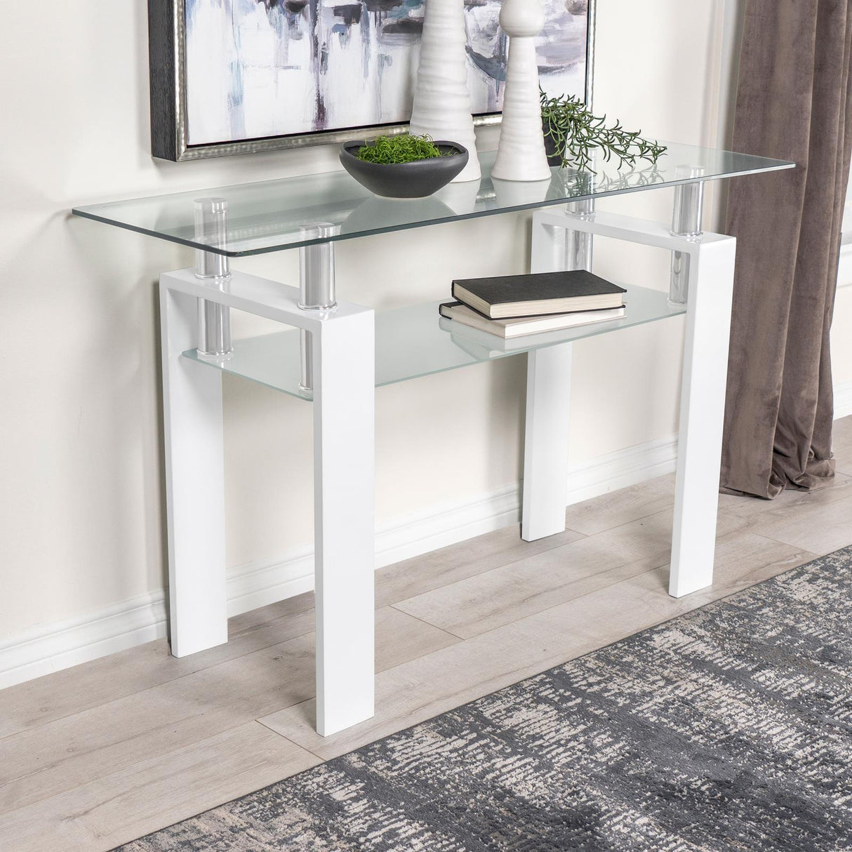 Dyer White Rectangular Glass Top Sofa Table With Shelf by Coaster at Eve Furniture