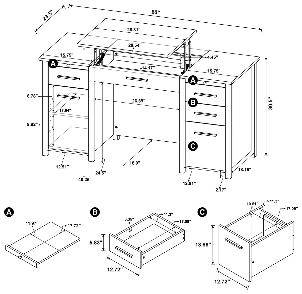 Dylan 4-Drawer Lift Top Office Desk