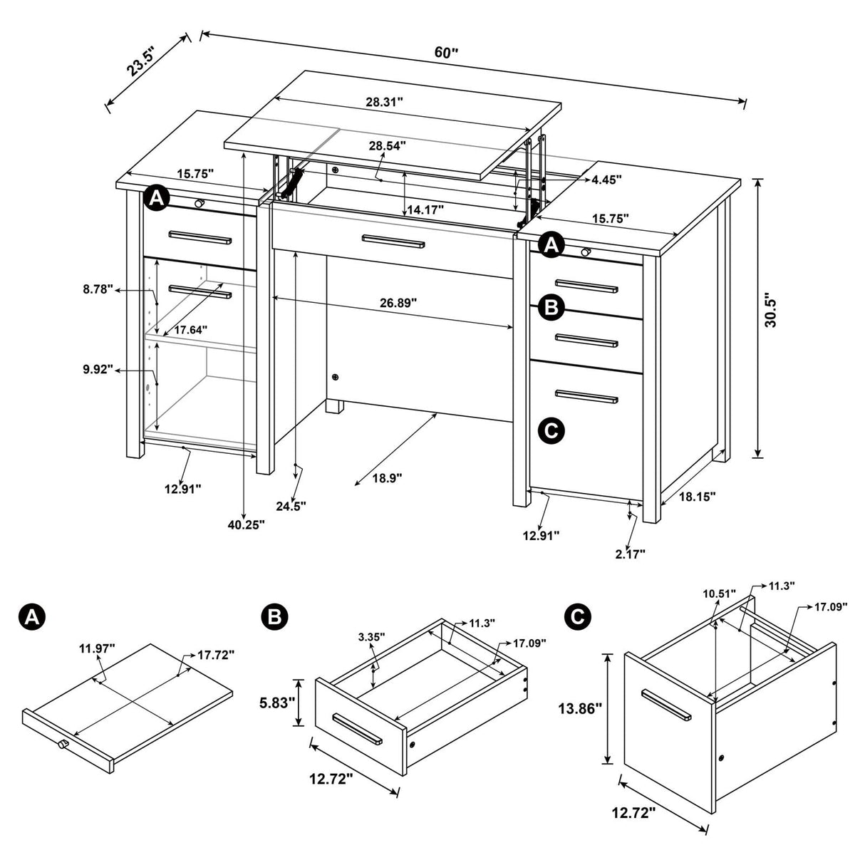 Dylan 4-Drawer Lift Top Office Desk