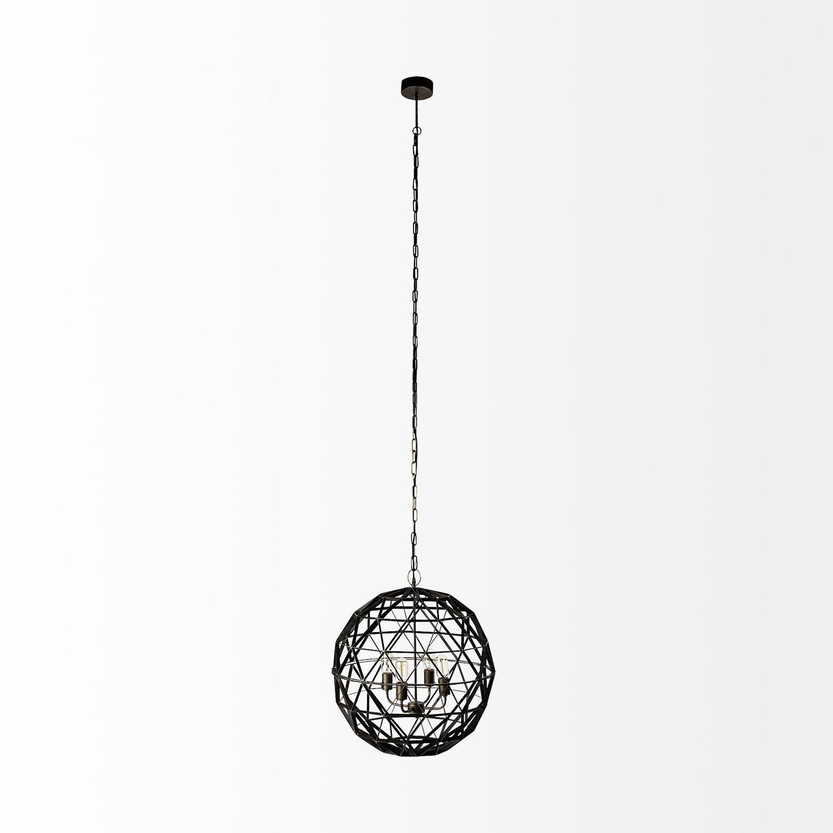 Dyson II Black Metal Triangular Orb Four Bulb Chandelier by Mercana at Eve Furniture