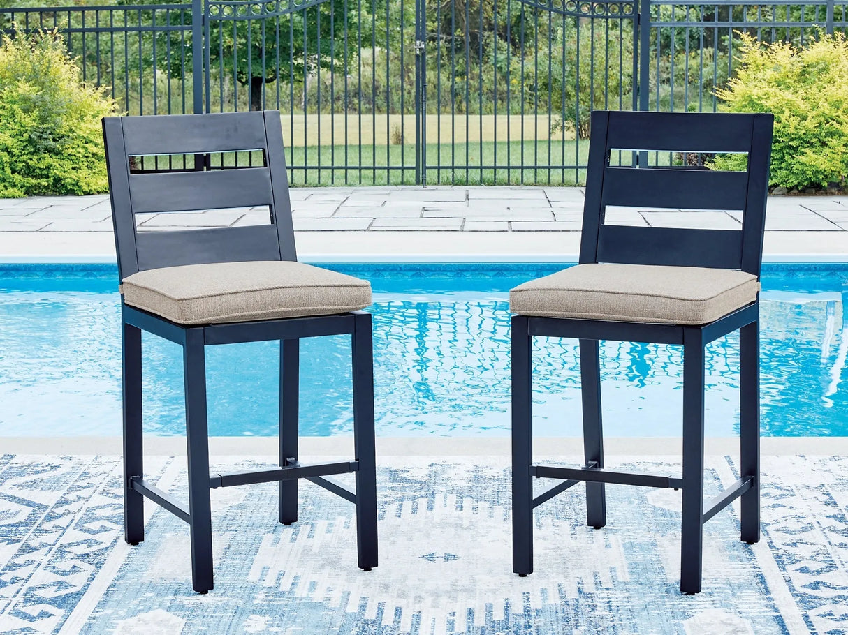 East Beach Navy Blue/Driftwood Outdoor Fire Pit Table and 6 Barstools by Ashley at Eve Furniture